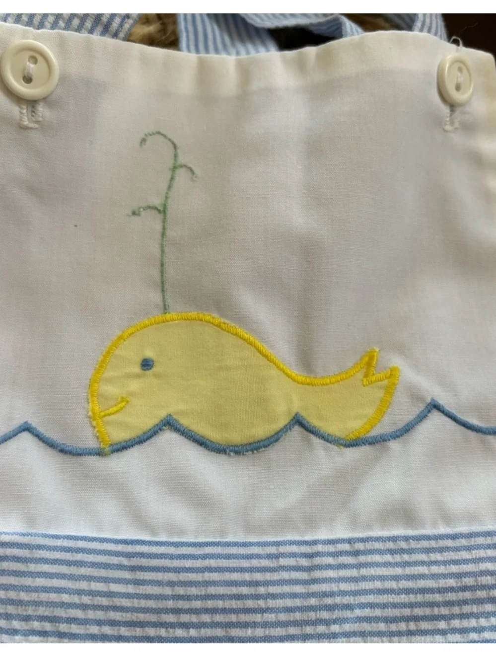 Vintage 1993 Seersucker Embroidered Whales 2 Piece Romper Set Blue Baby 6-9 M